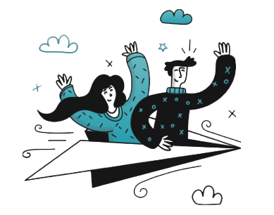 Ilustración de avión de papel volando hacia la derecha sobre fondo claro, transmite dinamismo y optimismo